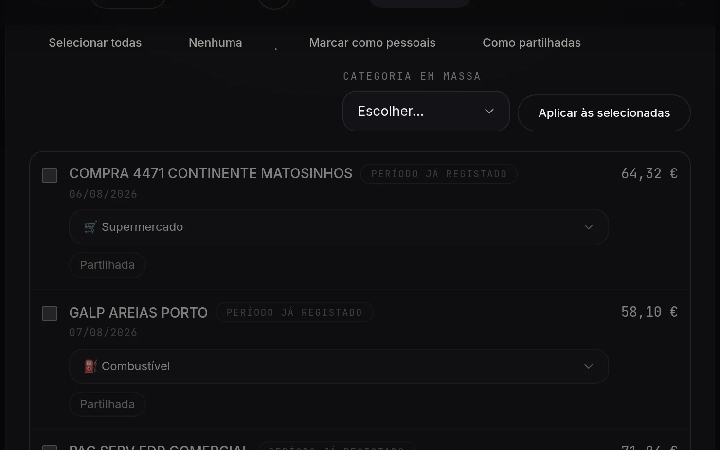 Pré-visualização de um extrato importado: sete movimentos do banco, cada um com a categoria já sugerida e marcado como partilhado, por confirmar antes de entrar nas contas.